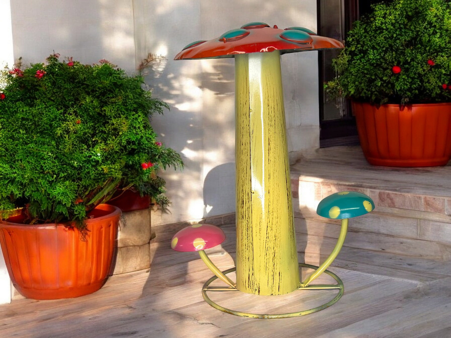 Orange and Yellow Metal Mushroom Garden Sculpture