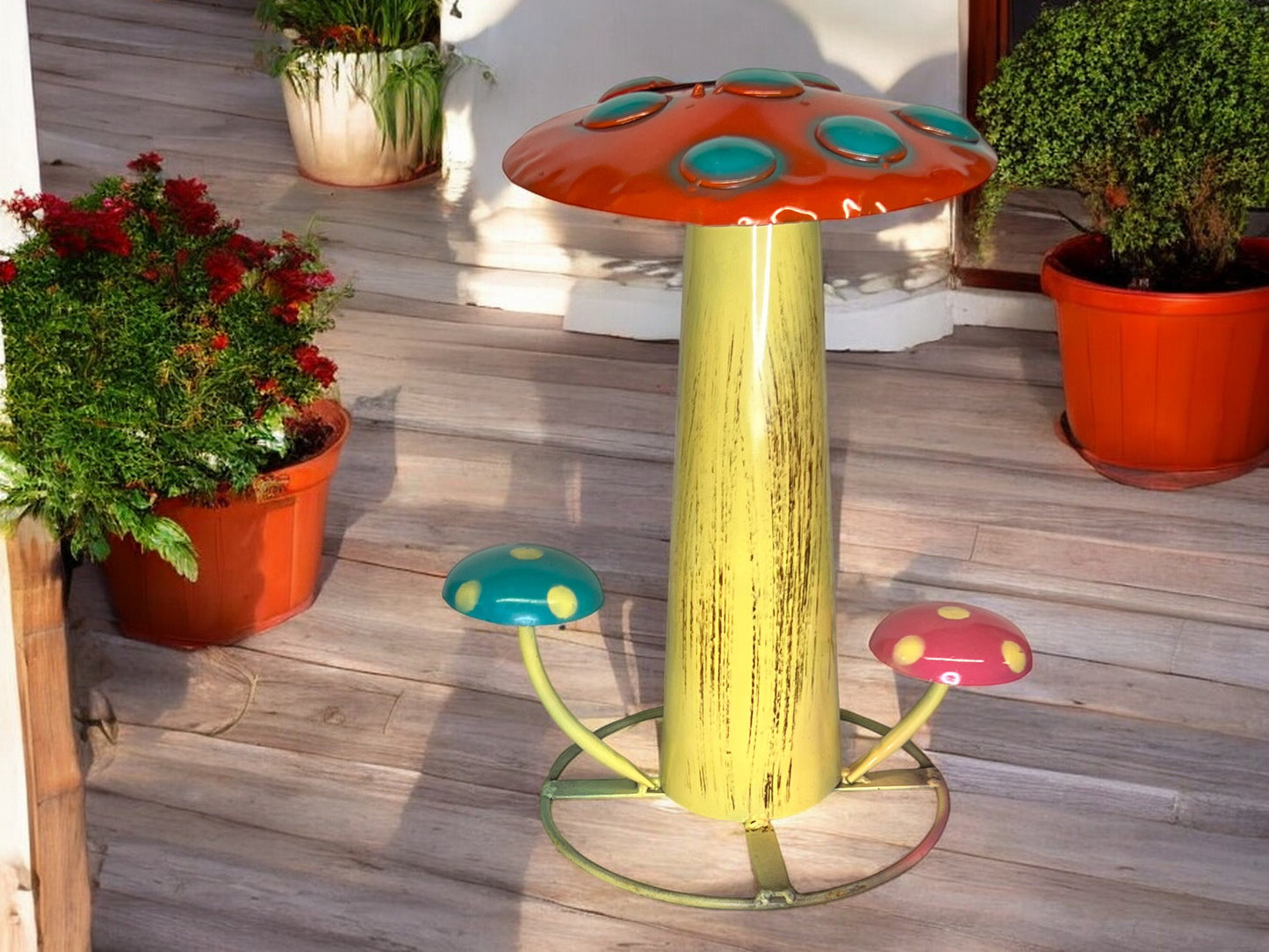 Orange and Yellow Metal Mushroom Garden Sculpture