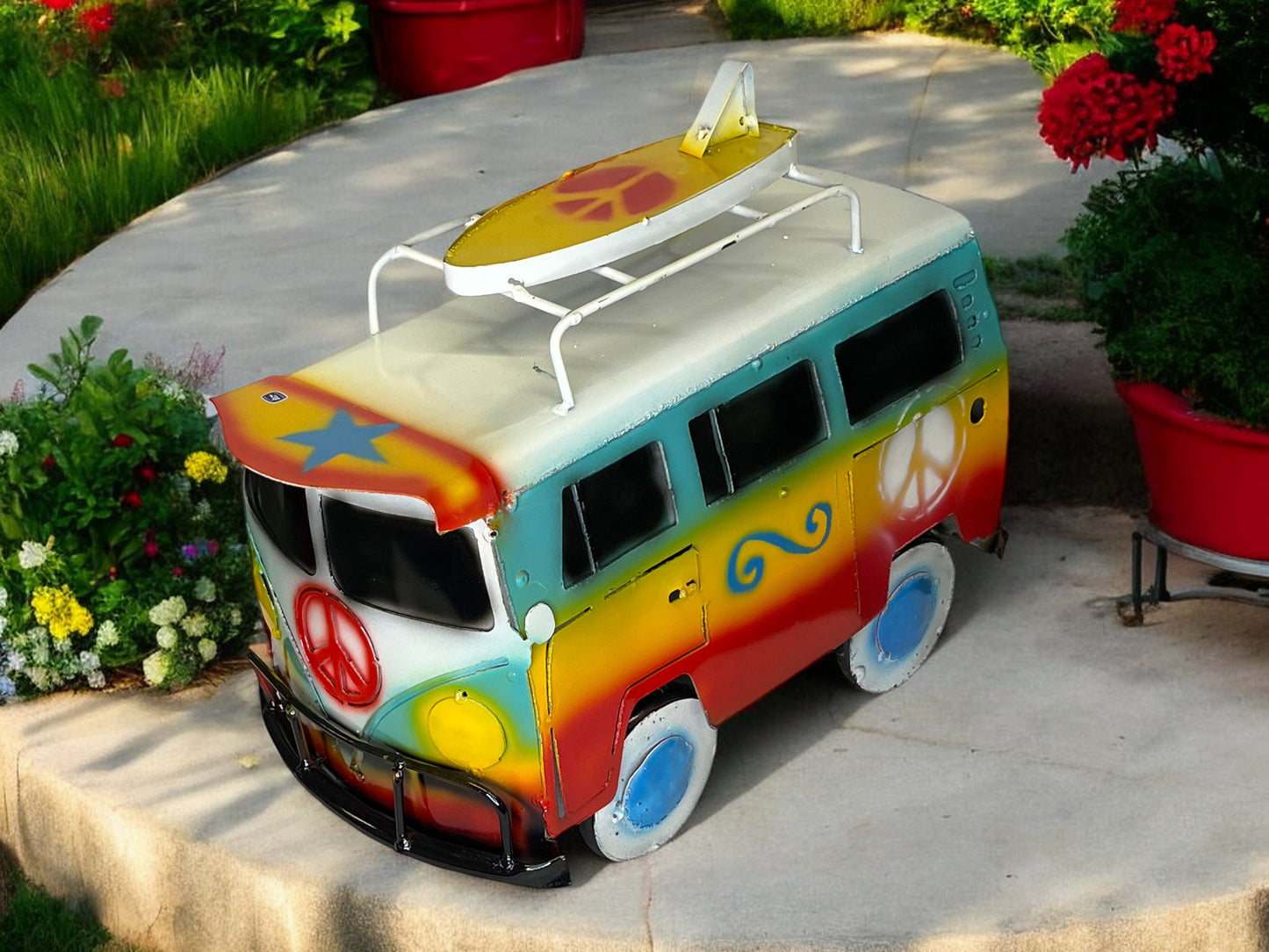 Colorful Hippie Metal Volkswagen truck with surfboard