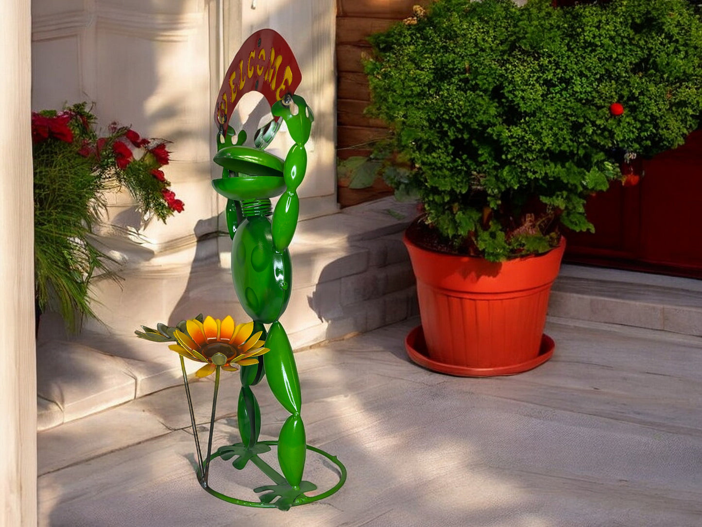 Metal Frog with Welcome Sign Garden Sculpture