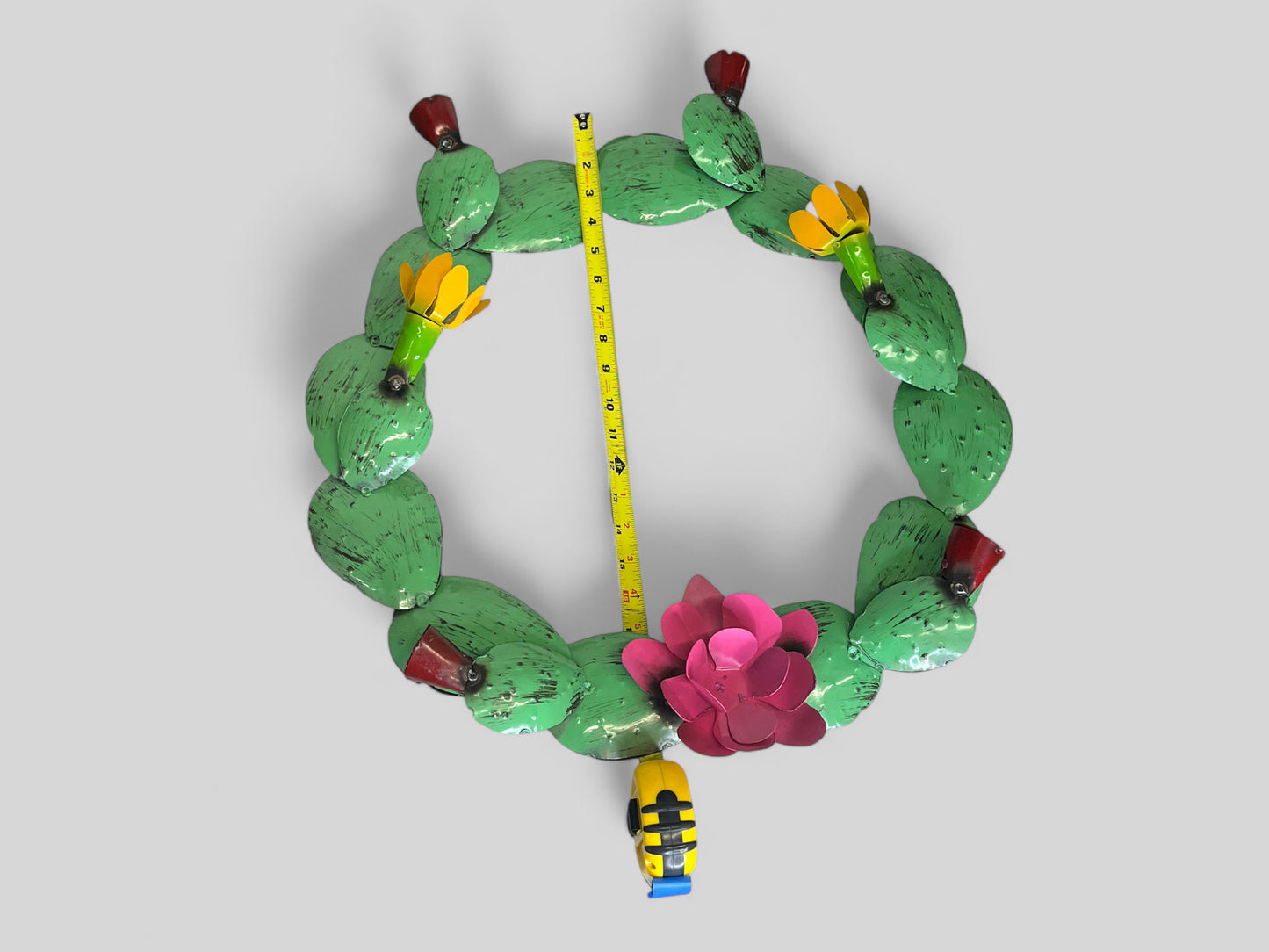 Prickly Pear Cactus Metal Wreath with Pink and Yellow Flowers