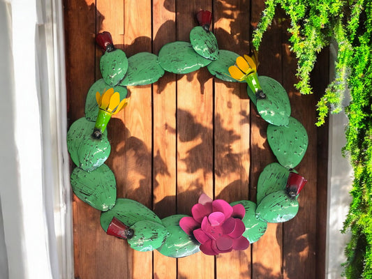 Prickly Pear Cactus Metal Wreath with Pink and Yellow Flowers