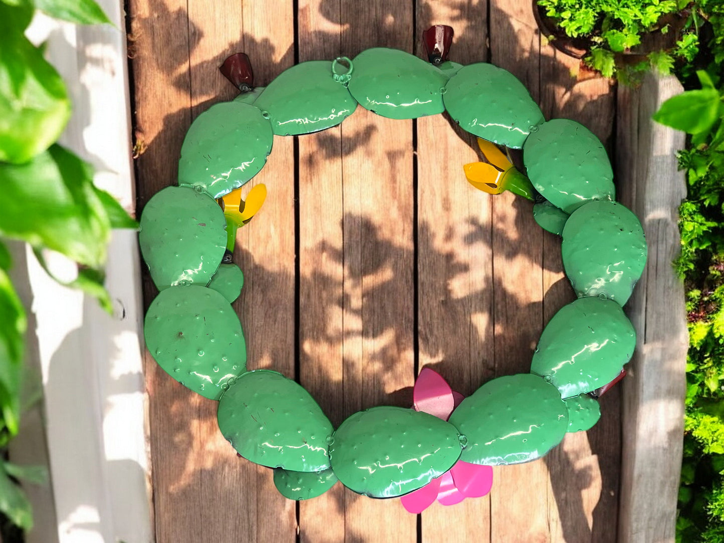 Prickly Pear Cactus Metal Wreath with Pink and Yellow Flowers