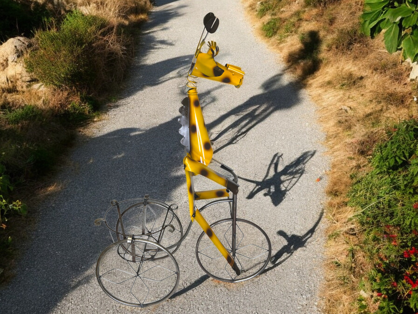 Whimsical Metal Giraffe on Tricycle Plant Stand