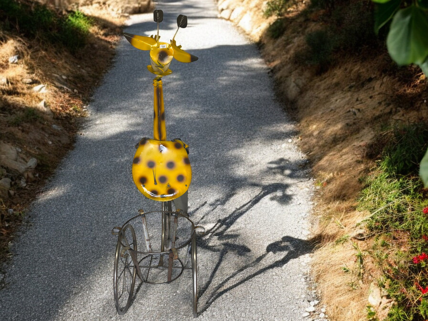 Whimsical Metal Giraffe on Tricycle Plant Stand