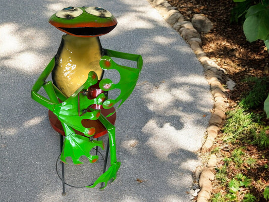 Frog with Coffee Cup on a Stool Garden Sculpture