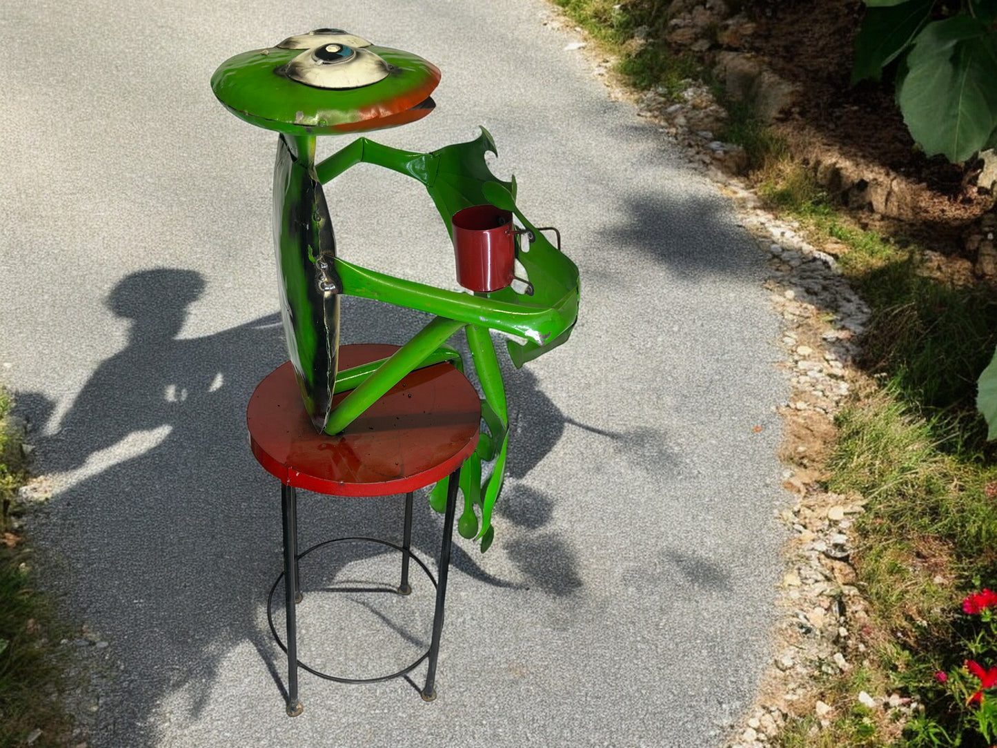 Frog with Coffee Cup on a Stool Garden Sculpture