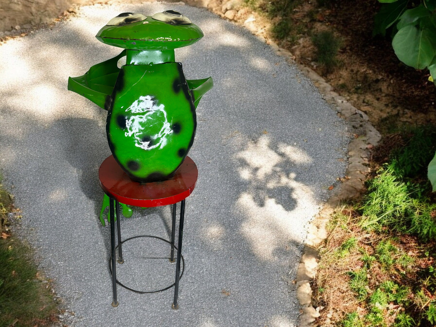 Frog with Coffee Cup on a Stool Garden Sculpture