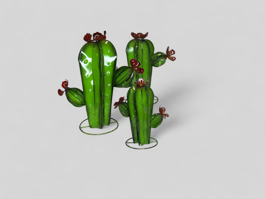 Set of 3 Cactus with Red Flowers Garden Sculpture