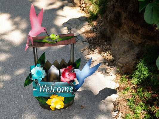 Metal Hummingbirds Plant Stand with Welcome Sign