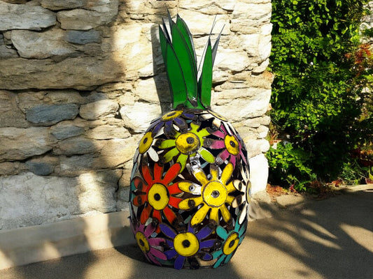 Metal Pineapple Sculpture Made of Colorful Flowers