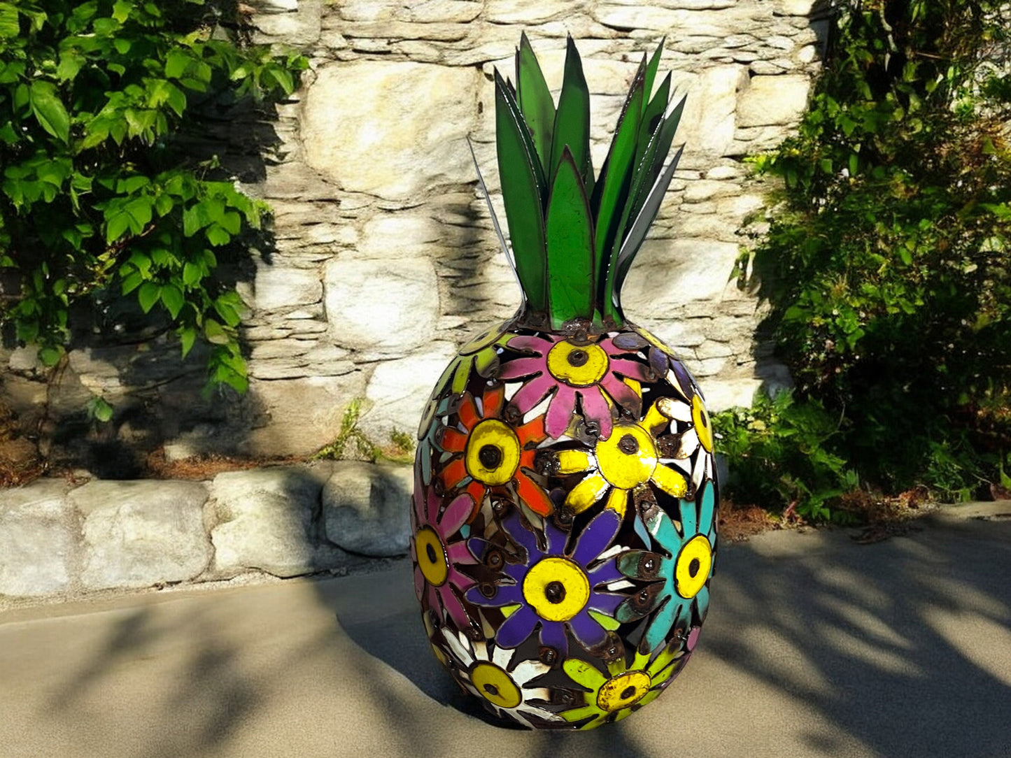 Metal Pineapple Sculpture Made of Colorful Flowers