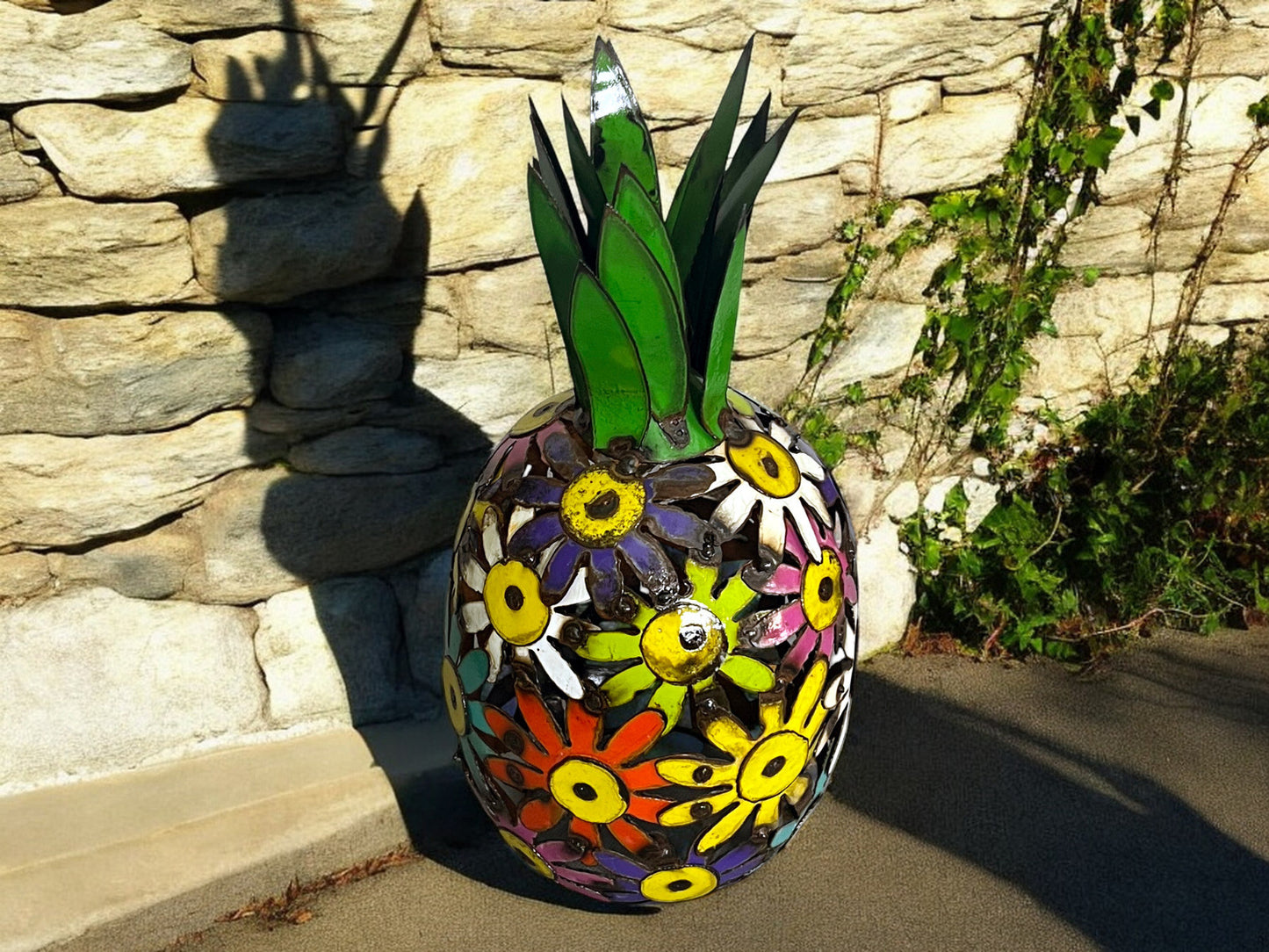 Metal Pineapple Sculpture Made of Colorful Flowers