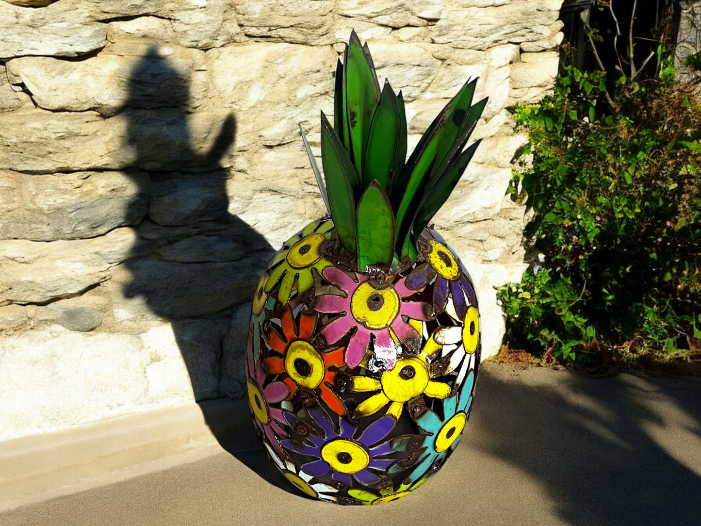 Metal Pineapple Sculpture Made of Colorful Flowers